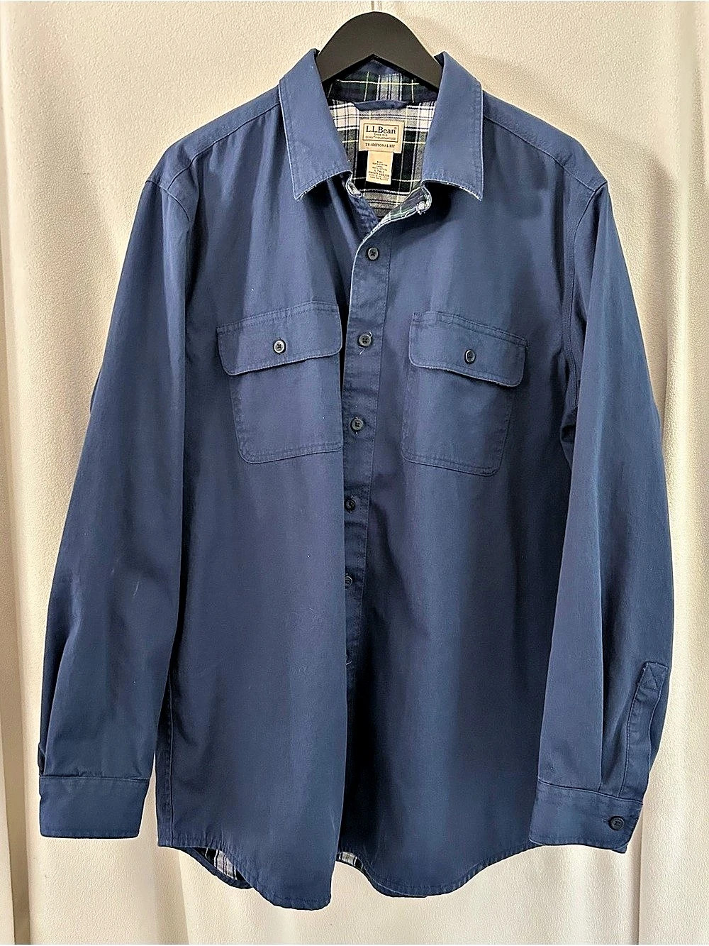 L. L. Bean Flannel-Lined Hurricane Shirt Plaid Cotton Blue & Green Large/Tall